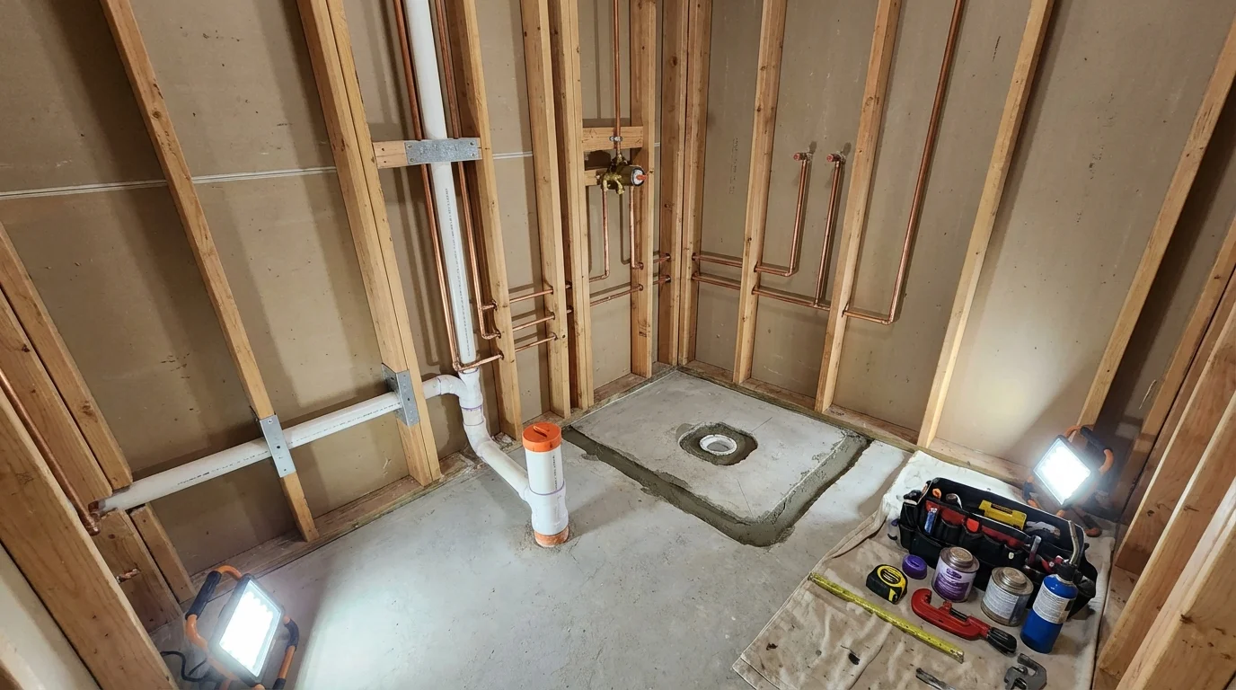 Bathroom rough-in plumbing during remodel by Johns Plumbing LLC in Weyauwega