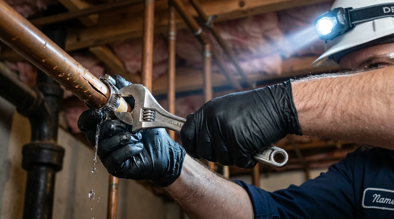 Emergency pipe clamp repair being performed by a Johns Plumbing LLC plumber in Weyauwega