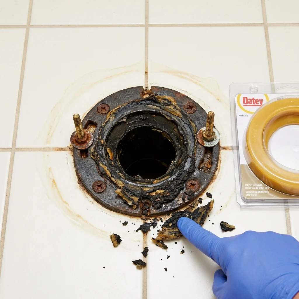 Failed wax ring showing water seepage at the base of a toilet in a Weyauwega, WI home