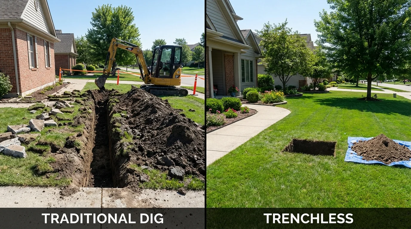Trenchless sewer repair with minimal yard damage versus traditional excavation in Weyauwega, WI