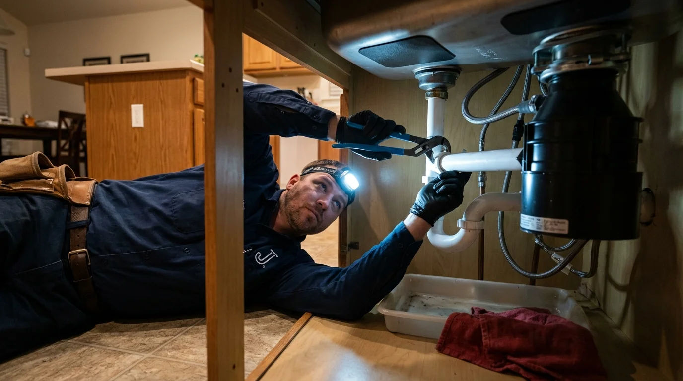 P-trap and supply line connections under a kitchen sink showing a common leak point in Weyauwega, WI
